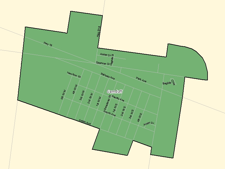 Map: Carnduff, Population Centre (shaded in green), Saskatchewan