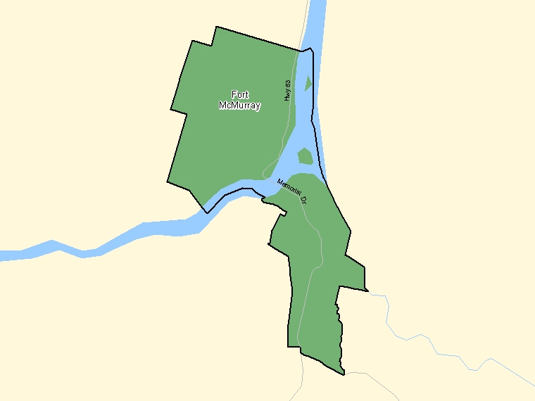 Map: Fort McMurray, Population Centre (shaded in green), Alberta