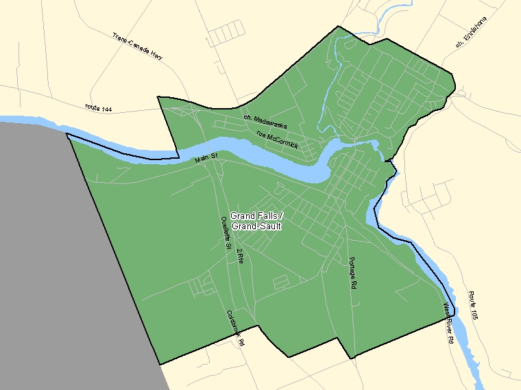 Map: Grand Falls / Grand-Sault, Population Centre (shaded in green), New Brunswick