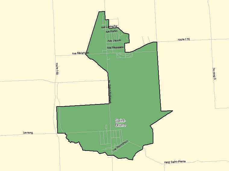 Map: Saint-Bruno, Population Centre (shaded in green), Quebec