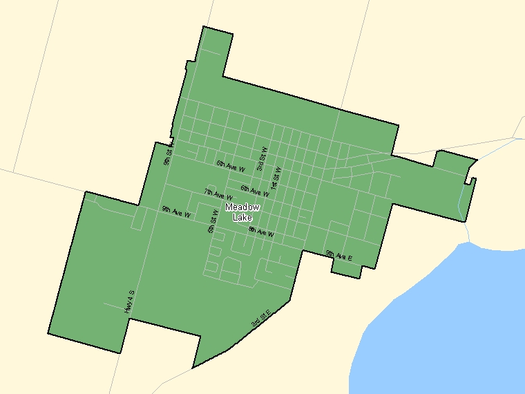 Map: Meadow Lake, Population Centre (shaded in green), Saskatchewan