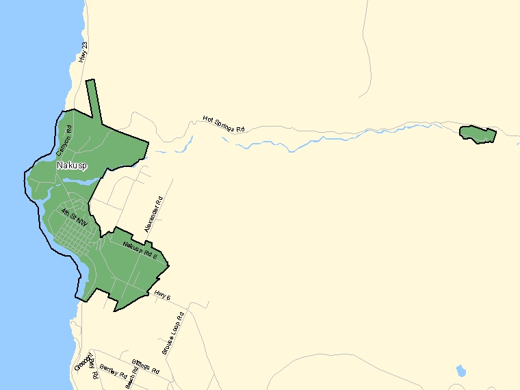 Map: Nakusp, Population Centre (shaded in green), British Columbia