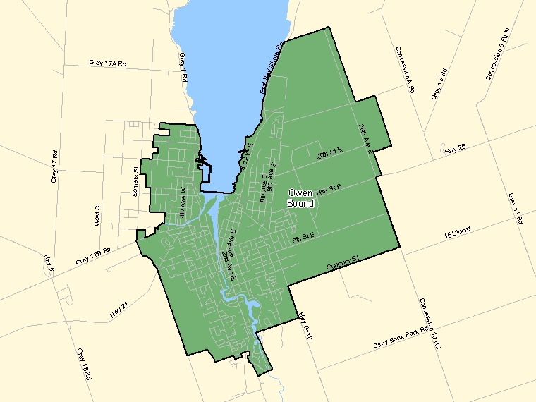 Map: Owen Sound, Population Centre (shaded in green), Ontario