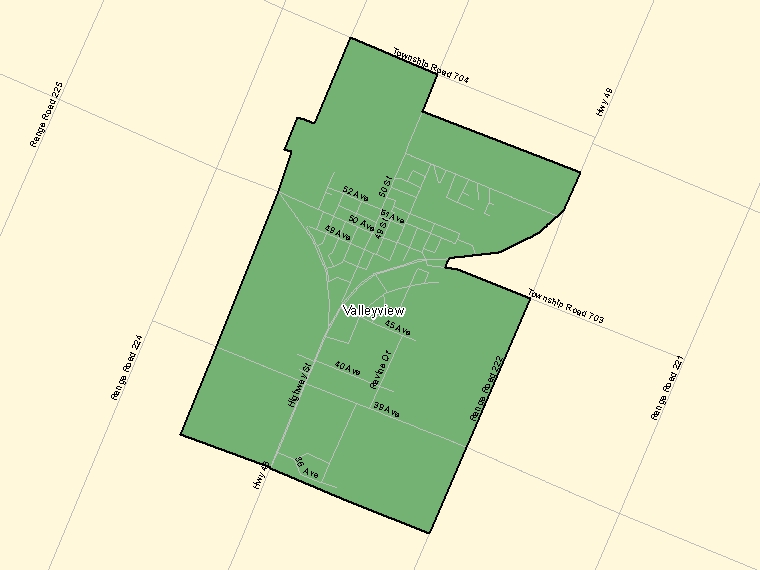Map: Valleyview, Population Centre (shaded in green), Alberta