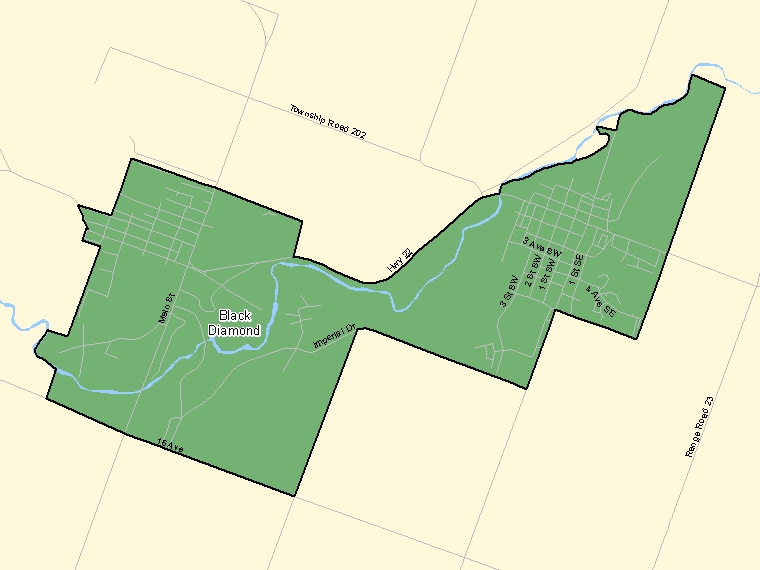 Map: Black Diamond, Population Centre (shaded in green), Alberta