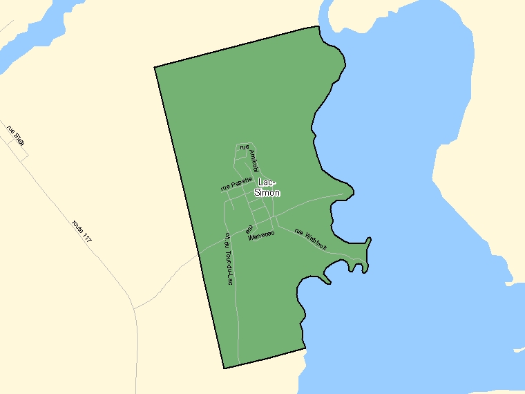 Map: Lac-Simon, Population Centre (shaded in green), Quebec